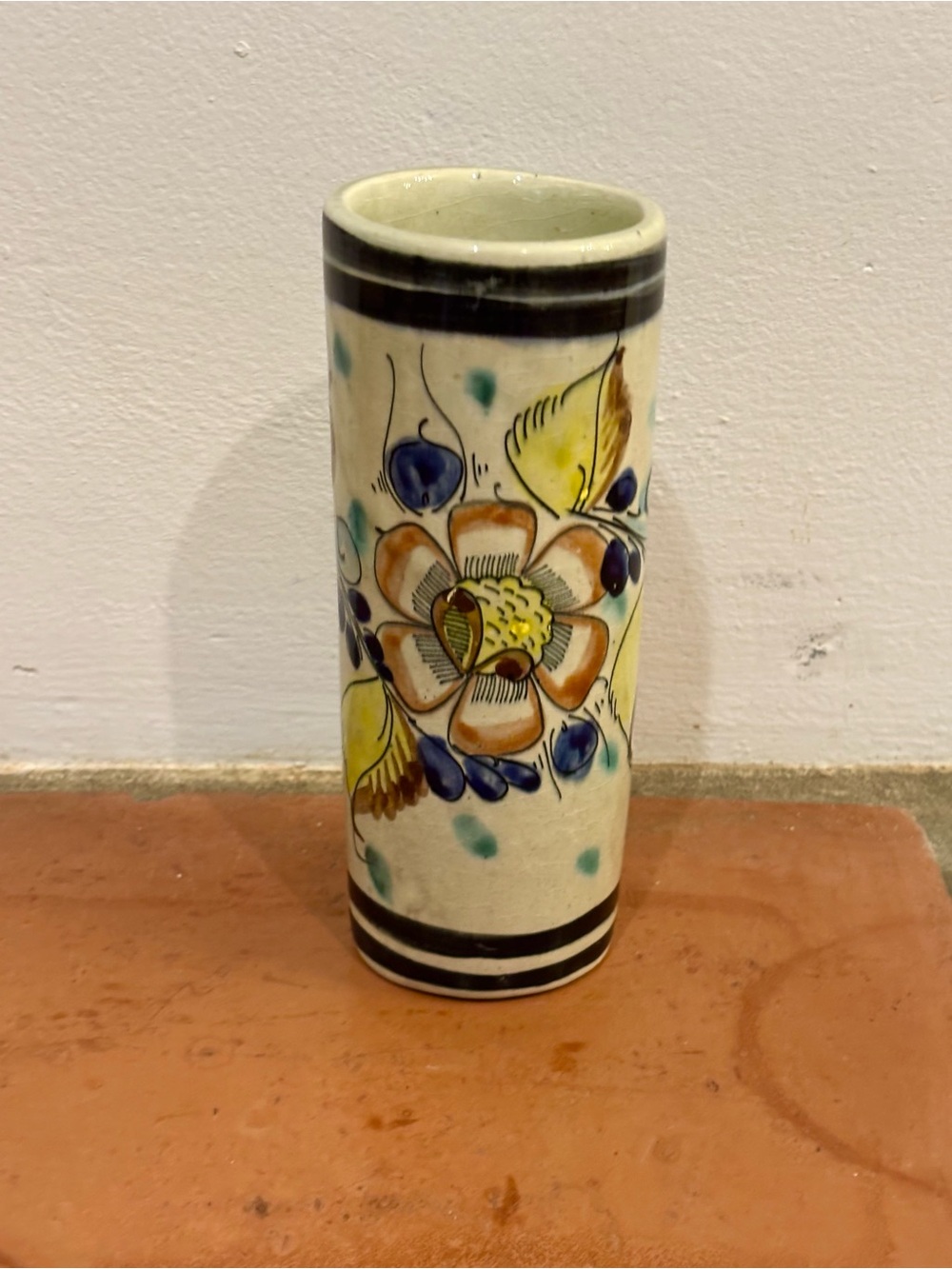 Hand-Painted Mexican Floral Ceramic Vase in Cream, Blue and Yellow